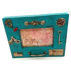 Unique Wooden Junk Art Frame Turquoise Crackle Paint Travel Theme Print Picture